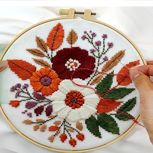 Zhenqing Floral Bouquet Cross Stitch Kit for Beginners - Complete Set with Pre-Printed 11CT 24x24cm Fabric, Hoop & Threads (68993) - color: 68993