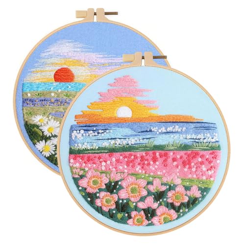 spicssa 2 PCS Embroidery Kit for Beginners, Hand Needlepoint Kits for Adults with Pre-Stamped Patterns, 7.8-Inch Hoop, Threads & Needles, Step by Step Instructions - color: Sunset