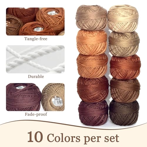Double Mercerized Egyptian Long Staple Cotton Pearl Thread Ball 10 Grams Rainbow Color Embroidery Thread 10 Colors per Box for Crochet Hardanger Cross Stitch Hand Embroidery,caffee Series - color: caffee series