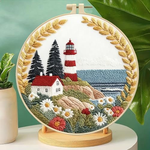 Zhenqing Lighthouse Embroidery Kit for Beginners, Pre-Printed 29x29cm Fabric with 20cm Hoop & Threads, Coastal Lighthouse Scene for Home Decor(C0195)