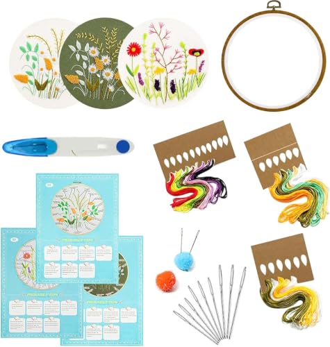 ATTERET 3 in 1 Floral Embroidery Starter Kit with Patterns, Hoops, Threads - style: Floral Embroidery Kit 2
