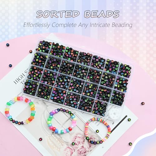 Amaney 1400pcs Colorful Letter Beads Round Alphabet A-Z Heart 4x7mm Black Acrylic Beads and Crystal Line for Jewelry Making - color: Black&Colourful, size: 7x4mm