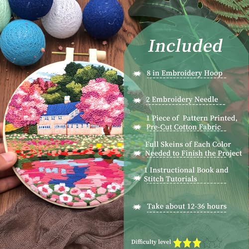 FONNUY Embroidery Kit for Beginners, Boho Nature Landscape Pre-Stamped Pattern Kits for Adults with Hoop, Easy to Follow Color Thread Needlework, 8'' Hoop (Mountain House) - color: Mountain House