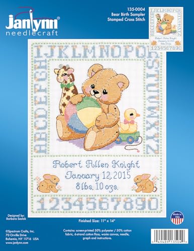 Janlynn C5589 Bear Birth Sampler Stamped Cross Stitch Kit-11"X14", Multicolored