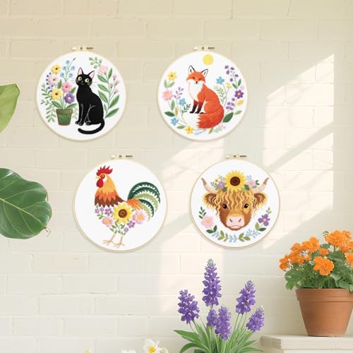ORIGACH 4 Pcs Flower and Animal Embroidery Kit for Beginners - style: Flower & Animal