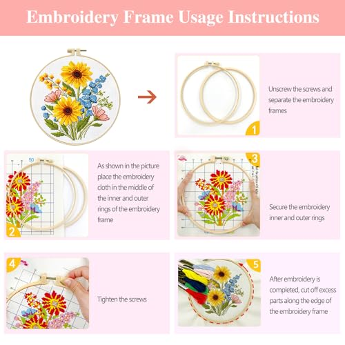 Zhenqing Sunflower Bouquet Cross Stitch Kit for Beginners - Complete Set with Pre-Printed 11CT 24x24cm Fabric, Hoop & Threads(65637) - color: 65637