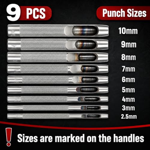 UNCO- Hollow Leather Hole Punch Set, 2.5mm-10mm, 9 pcs, Silver, Carbon Steel Leather Hole Punch Tool with Storage Bag