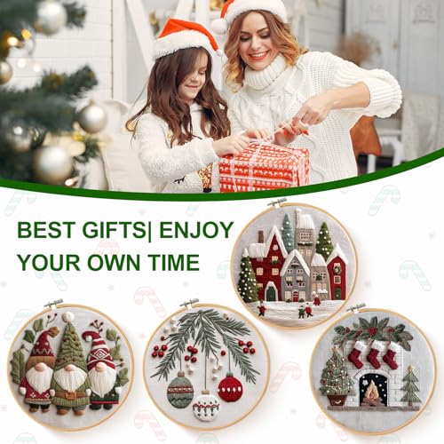 Santune Christmas Embroidery kit,Fall Needlepoint Cross Stitch Kits for Beginners Adult,Needle Point Sets,4 Embroidery,2 Hoops,Christmas Ornaments - color: Christmas x4