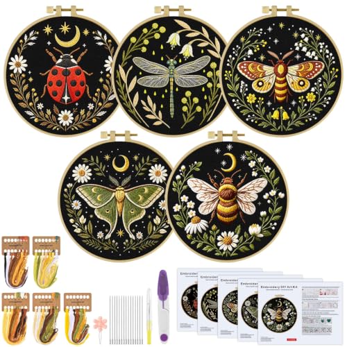 ERKOON Embroidery Kit for Adults, 5 Sets Flower Cross Stitch Set for Beginners Include Embroidery Cloth Hoops Threads for Craft Lover Hand Stitch with Skill Techniques (Starry Night) - color: Starry Night