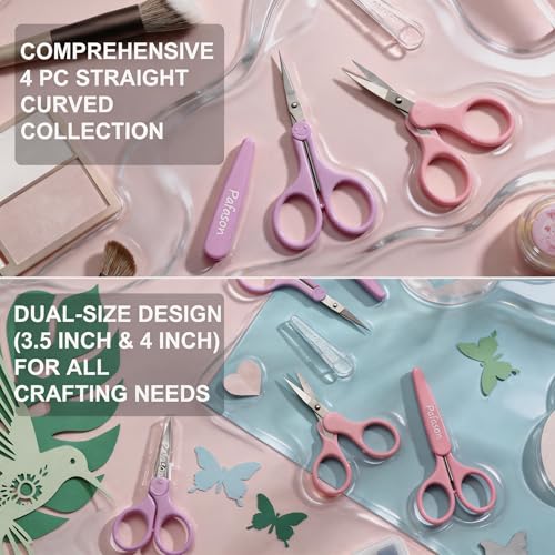 PAFASON Small Travel Sewing Crafting Scissors Set Straight Curved Tip - color: Straight 4in + Curved 3.5in Red