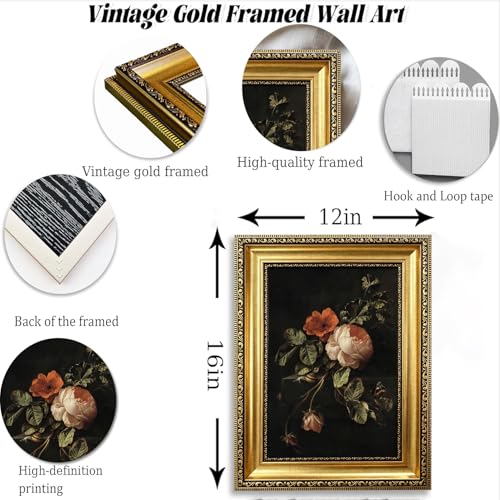 Vintage Gold Framed Moody Floral Wall Art,Dark Rose Still Life Canvas Print - color: Floral Gold Framed, size: 16"L x 12"W
