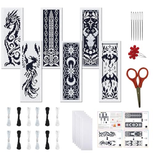 FREEBLOSS 6 Set 11CT Cross Stitch Bookmarks Kit Dragon Elements Stamped Cross Stitch Kit DIY Embroidery Bookmark Set with Instruction for Adults Beginners 20x6cm/8x2.4inch - style: Fantasy