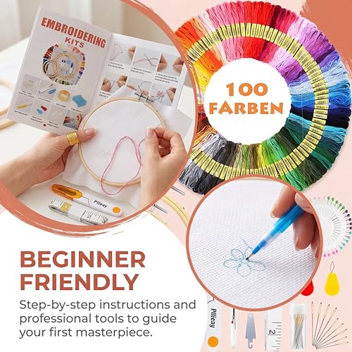 Huacan Embroidery Kit 204 Pcs,100 Colors Threads, 5 Pcs Embroidery Hoops,3 Pcs Aida Cloth, Cross Stitch Tools and Embroidery Starter Kit for Adults and Beginners