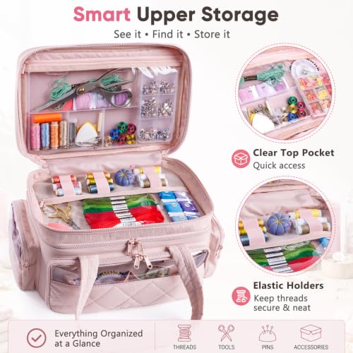 AMOIGEE Puffy Double-Layer Sewing Storage Bag with 2 Clear Organizer Boxes - color: Pink