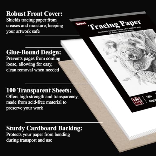 Cewei Tracing Paper for Drawing, 8.5”x11 Trace Paper, 100 Sheets 38lb/60gsm