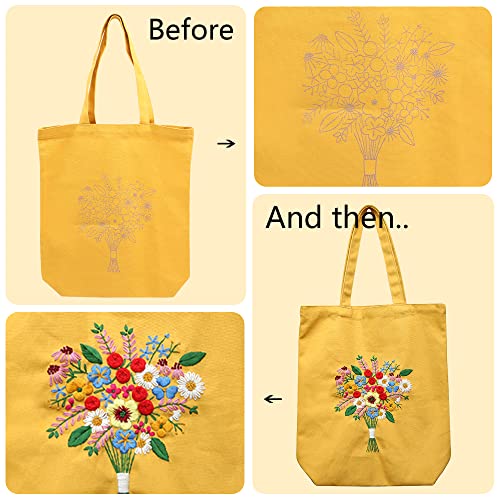 MAMUNU Canvas Tote Bag Embroidery Kit with Pattern for Beginners, Arts and DIY Crafts Kits for Adults, Include Instructions Embroidery Bag, Embroidery Hoops, Color Threads and Tool (Yellow) - color: Yellow