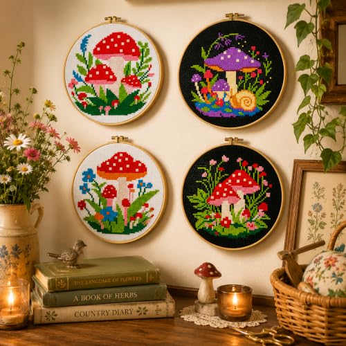Zhenqing 4 Mushroom Cross Stitch Kit, 11CT Printed Fabric with Hoop - color: 4 mushroom kit