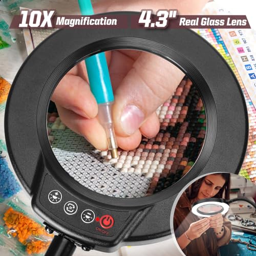 10X Magnifying Glass with Light and Stand, 5 Color Modes Stepless Dimmable LED Lighted Desk Lamp, Hands Free Magnifier with Flexible Goose-Neck for Craft Hobby Painting Sewing Close Work - color: Black, size: 10X-12.6in