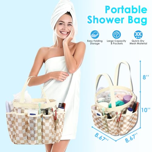 Fammart Mesh Shower Caddy Portable for College Dorm Room Essentials, Odorless Polyester Large Shower Tote Bag with Dual Handles, 8-Pocket Quick-Dry Toiletry Organizer for Travel, Beach, Camping, Gym - color: Multiple Pockets, 1 Pack - Khaki Checkered