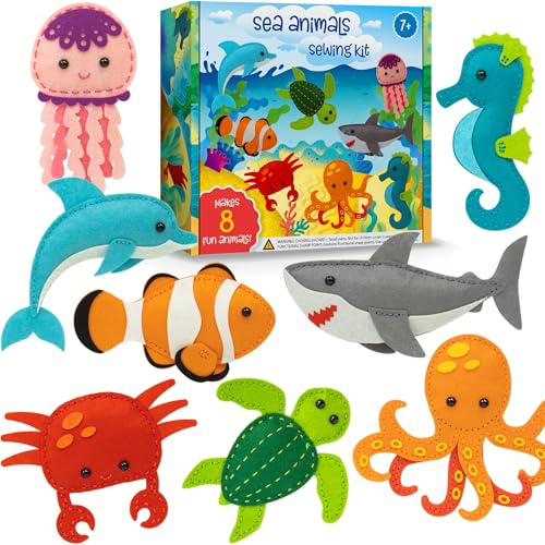 Craftorama Sewing Kit for Kids, Fun and Educational Sea Animal Craft Set for Boys and Girls Age 7-12, Sew Your Own Felt Animals Craft Kit for Beginners, 165 Piece Set - color: Sea Animals