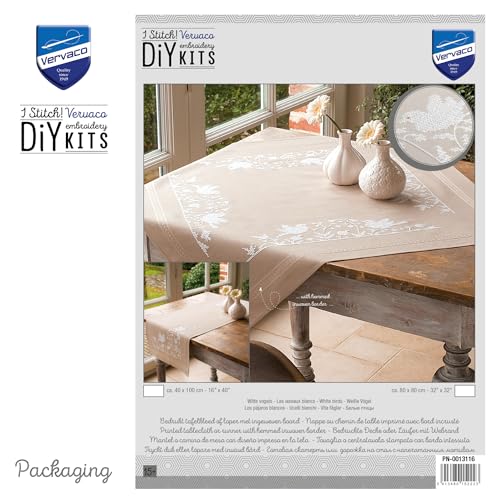 Vervaco Stamped Cross Stitch Tablecloth Kit Singing Birds DIY Embroidery Table Decoration Kit ca. 32" x 32" Art and Craft Supply Creative Activities for Adults Housewarming Gift for Crafters - size: White Birds