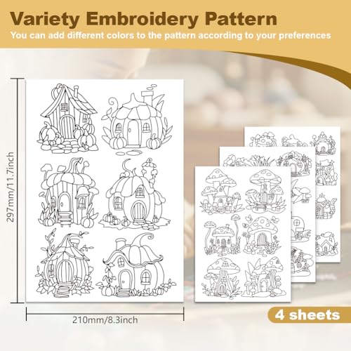 32Pcs Pumpkin Mushroom House Embroidery Pattern Stabilizers, 8.3"x11.7" Cartoon Plant House Water Soluble Stick and Stitch Embroidery Stickers, 4 Sheets Hand Sewing Embroidery Paper - style: Pumpkin Mushroom House