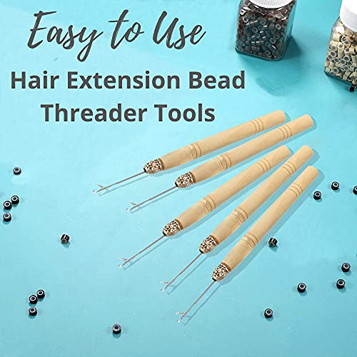 5 Wooden Hair Extensions Loop Needle Threader Wire Pulling Hook Tool for silicone microlink beads and feathers, Set of 5 for hair or feather extensions (5 Hooks)
