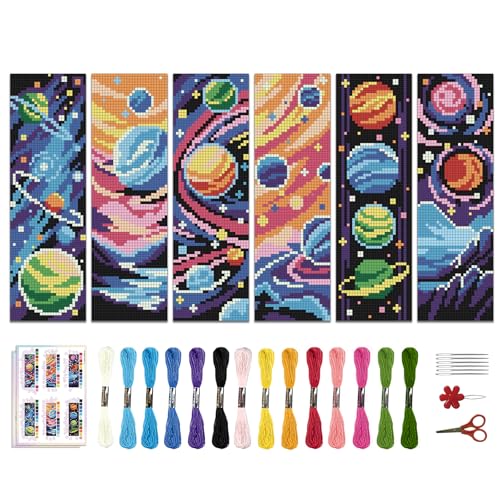 ACRNIGHEET 6PCS Stamped Cross Stitch Bookmark Kit for Beginners Planet - style: Planet Patterns