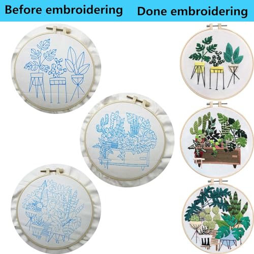 Allazone 3 Sets Embroidery Kit for Beginners, Stitch Practice Kits for Craft Lover Hand Stitch with Embroidery Fabric with Stamped Pattern, Starter Stitch Kits Suitable for Adults (Plate Planting) - color: Plate planting