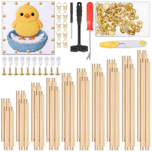 40 Pcs Needlepoint Stretcher Bars, 10 Sizes Wooden Canvas Stretcher Bars with Thumb Tacks and Remover Tool Set for Needlework Embroidery Stitch, DIY Needlepoint Frame Gift for Embroidery Enthusiast