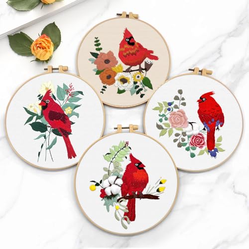 ERKOON 4 Sets Embroidery Kit, Animal Cross Stitch Set for Include Embroidery Cloth Hoops Threads for Craft Lover Hand Stitch (Cardinal) - color: Cardinal