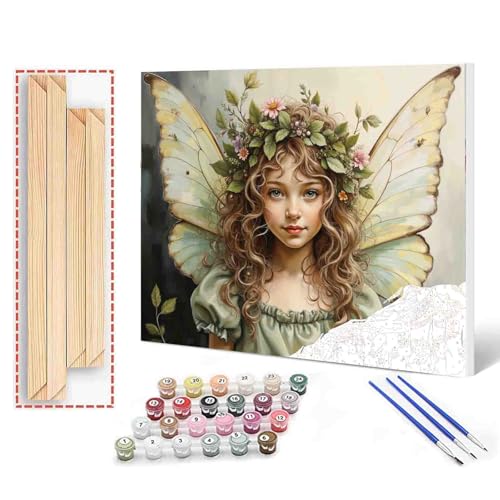 DIY Painting by Number for Beginner Blonde Curly Hair Girl Angle with Green Wings Paint by Numbers on Canvas Easy to Paint Artwork with Brushes and Paints for Home Decor 16x20inch (DIY Frame) - color: Angel-10, size: 16''Wx20''H(DIY Frame)
