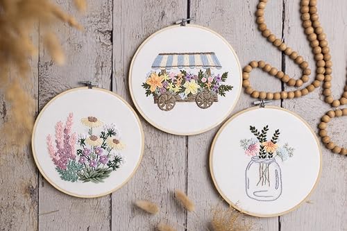Looples Embroidery Kit for Beginners and Adults with Video Tutorials – DIY Starter Kit with 3 Stamped Floral Patterns, Hoops, Threads, Needles, and Instructions - Cart, Glass Jar, and Flowers - color: Cart, Jar and Flowers