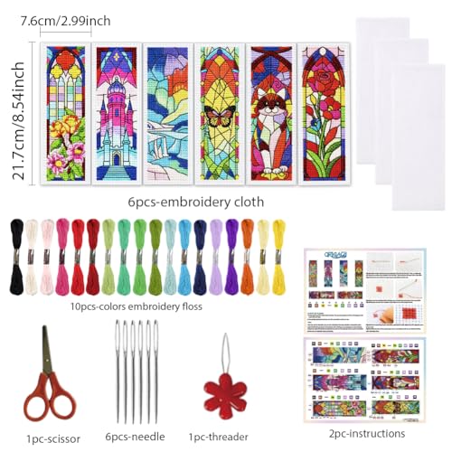 ORIGACH 6 Set Fantasy Stained Glass Cross Stitch Bookmark Kit for Beginner - style: Fantasy Stained Glass
