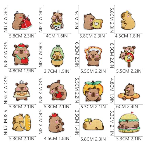 16pcs Capybara Iron/Sew on Patches, Cute Food Animal Embroidered Applique, Fashion Decoration for Clothes, Hat, Bag, Dress, Shirt, Jeans - color: 16pcs Capybara