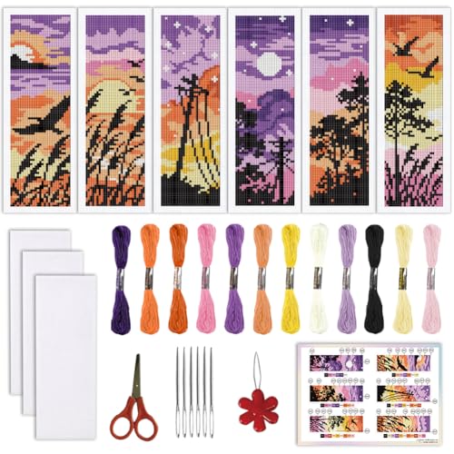 ORIGACH 6 Set Sunset Mountain Silhouette Cross Stitch Bookmark Kit - style: Sunset Landscape