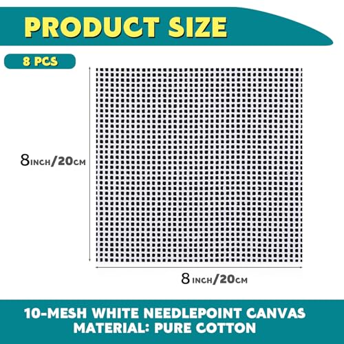 Knitgrip 8 Pack 8 x 8 Inches Needlepoint Canvas 10 Mesh Blank White Canvas Pure Cotton Needlepoint Mesh Twist Interlock for Embroidery DIY Knit Crochet Projects Make Dividers - size: 8 x 8 Inches