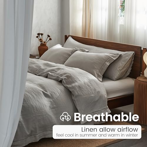 Simple&Opulence 100% French Linen Pillowcases with Embroidery – Pack of 2, Washed Solid Color Natural Flax, Soft & Breathable - Light Grey, 20'' x 26'' - color: Light Grey, size: Queen