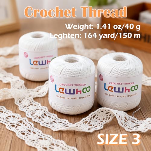 3 Pack Crochet Thread, 100% Cotton Size 3 Lace Yarn Set White - color: White