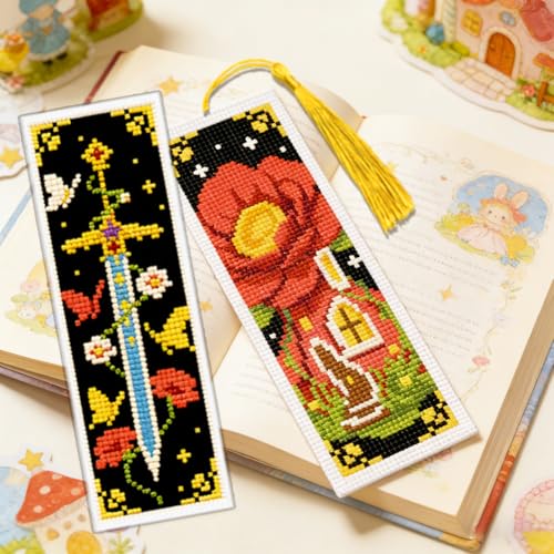 ACRNIGHEET 6PCS Cross Stitch Bookmark Kit for Beginner Fairy Tale Stamped Cross Stitch Kits Needlepoint Kit for Adults DIY Tassel Embroidery Bookmark Kits with Instructions Craft Gift 8.5"x3" 11CT - style: Fairy Tale Patterns