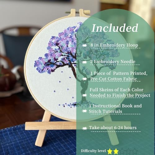 FONNUY Crewel Embroidery Kit for Beginners, Seasonal Tree Pre-Stamped Pattern Kits for Adults with Hoop, Easy to Follow Color Thread Needlework, 8'' (Purple) - color: Purple