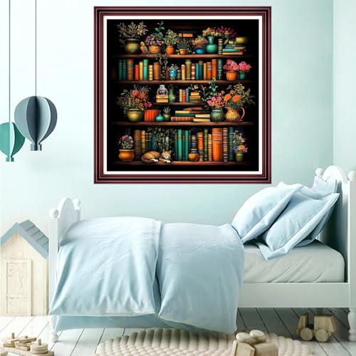 Funchey Counted Cross Stitch Kits for Adults Needlepoint Kits Unprinted Cross Stitching Embroidery Kit 11CT Cross Stitch Supplies-Bookshelf Flowers Cat 18x18 inch - color: ArtsKits16