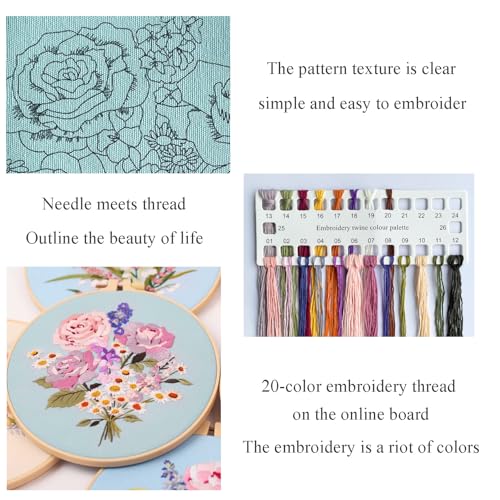Silentsea Embroidery Kit, Floral and Nature Designs, 3-Pack with Hoops, Needlework Pattern Set (Flower-2) - color: flower-2