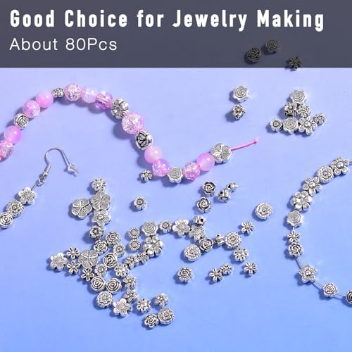 stino Silver Metal Spacer Beads for Jewelry Making, Heart Butterfly Flower Fish Beads for Bracelet Necklace Earrings,Jewelry Findings & Supplies, 50g (Flower (80pcs)) - color: Flower (80pcs)