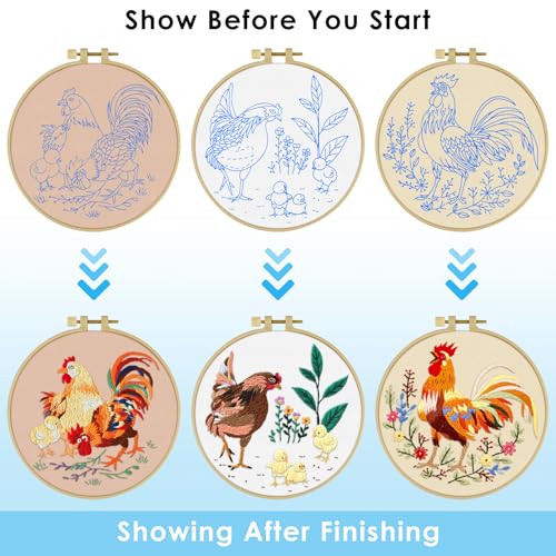 ERKOON 3 Sets Embroidery Kit, Floral Cross Stitch Set for Include Embroidery Cloth Hoops Threads for Craft Lover Hand Stitch (Rooster) - color: Rooster