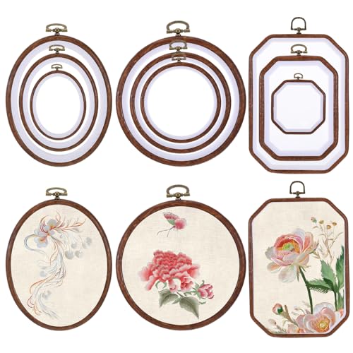 9 Pieces Circle/Oval/Octagonal Decorative Embroidery Hoop Frame for Display, Large Wood-Grain Embroidery Frames for Display Cross Stitch Frame for DIY Craft Art Sewing Hanging Ornaments Home Decor