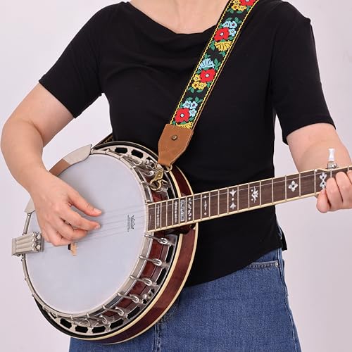 Nefelibata Banjo Strap,2"Wide Double Crazy Horse Leather Jacquard Embroidery Strap Adjustable Replacement,Multi-pattern Strap With Metal Clips - color: A#-flower Embroidery