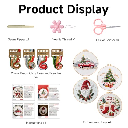TPZBWG Christmas Embroidery Kit, 4 Pack Cross Stitch Kits,DIY Embroidery Starter Kit for Adults & Beginners, DIY Needlepoint Kit with Embroidery Hoop Thread Needle for Craft Lover Birthday Gifts 1 - color: Christmas-4 Set1