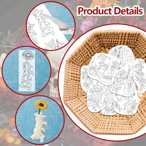 ORIGACH 4 Sheets Water Soluble Embroidery Patterns Stabilizers - Pre-Printed Skeleton, Skull, Organs & Floral Designs - Stick & Stitch Embroidery Paper for Hand Sewing Lovers - color: Skeleton Skull Organs & Floral