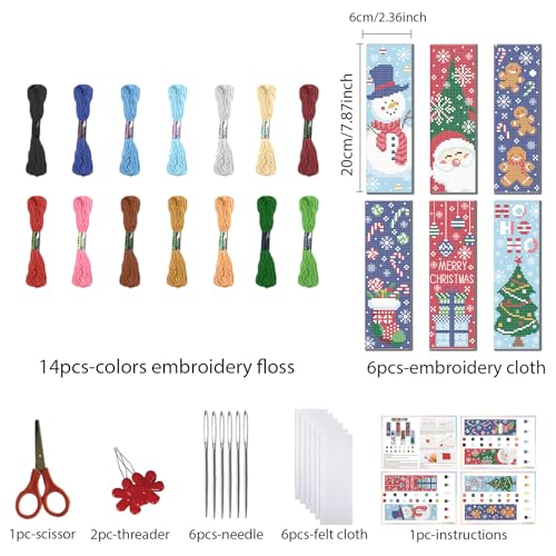 FREEBLOSS 6 Set Christmas Cross Stitch Bookmark Kits Snowman Santa Claus Stamped Cross Stitch Kit DIY Bookmark Craft Kit with Instructions for Beginners, 20x6cm/8x2.4inch - style: Casual
